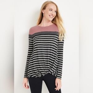 Womens Maurices Long Sleeve Grey Stripe Pink Color Block Tee Shirt Size XS